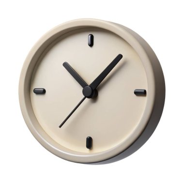 Basit siyah elleri ve saat işaretleri olan minimalist bir bej yuvarlak saat beyaz arka planda gösterilir. Saat yaklaşık 10: 10 'u gösteriyor. - Recraft ai ile üretildi.
