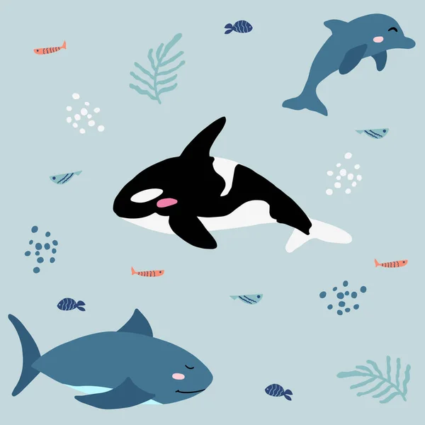 stock vector Cute marine background with orca, dolphins and shark. Blue pattern illustration of ocean animals for children. Sea theme wallpaper for decoration with fish and bubbles.