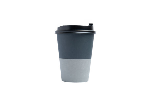 Siyah kapaklı ve siyah gri desenli paket kahve fincanı. Ön görünüm, şeffaf arkaplan, PNG.