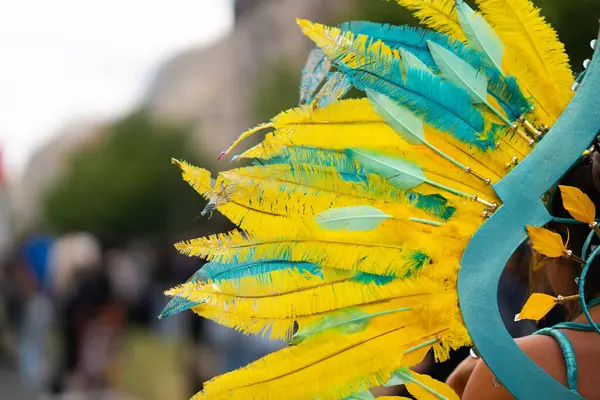 Sarı ve turkuaz tüy kostüm detayı Kültür Karnavalı, Berlin 