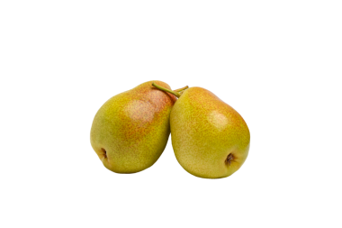 Dokunaklı iki kırmızı-sarı armut, ön görüş, şeffaf arkaplan üzerinde izole. PNG biçimi.