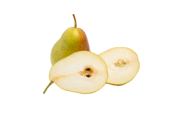 Tam kırmızı-sarı armut, iki yatay yarı, ön görüş, şeffaf arkaplan izole. PNG biçimi..