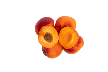 Olgun turuncu kayısılar, çukurun yarısını gösteren bir kesik de dahil. Ön görünüm, şeffaf arkaplanda izole edilmiş, PNG.