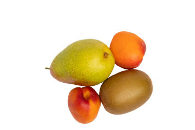 Taze armut, kivi ve iki kayısı bir arada. Ön görünüm, şeffaf arkaplan, PNG.