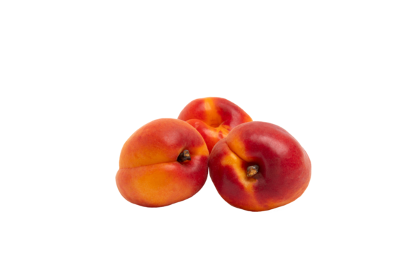 Üç taze kırmızı ve turuncu nektarin bir arada. Ön görünüm, şeffaf arkaplan, PNG biçimi.