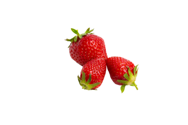 Yeşil saplı üç olgun kırmızı çilek. Üst görünüm, şeffaf arkaplan, PNG.