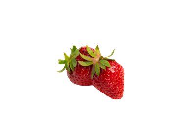 Yeşil yapraklı, parlak kırmızı çilekler. Ön görünüm, şeffaf arkaplan, PNG.