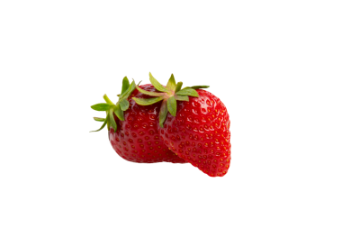 Yeşil saplı bir çift taze kırmızı çilek. Ön görünüm, şeffaf arkaplan, PNG.