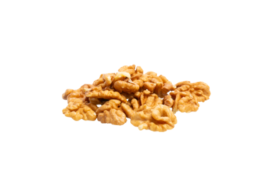 Kabuksuz kahverengi ceviz yığını. Ön görünüm, şeffaf arkaplan, PNG.