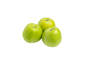 Üç koca yeşil elma bir araya toplanmış. Ön görünüm, şeffaf arkaplan, PNG biçimi.
