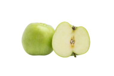 Tohumları gösteren bir buçuk yeşil elma. Ön görünüm, şeffaf arkaplanda izole edilmiş, PNG.