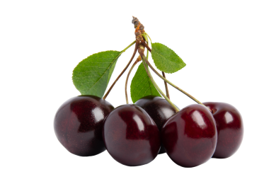 Yapraklı taze koyu kirazlar, şeffaf arkaplanda izole edilmiş, PNG