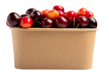 Kraft kağıt kabı ön görünümü içinde çeşitli kirazlar, şeffaf arkaplan izole, PNG