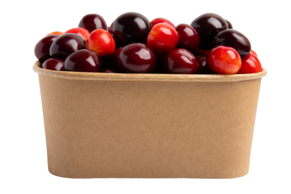 Kraft kağıt kabı ön görünümü içinde çeşitli kirazlar, şeffaf arkaplan izole, PNG