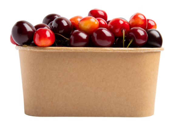 Kraft kağıt kabı ön görünümü içinde çeşitli kirazlar, şeffaf arkaplan izole, PNG