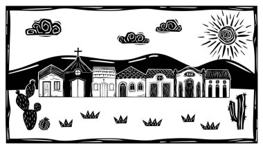 Basit evler ve küçük bir kilise. Brezilya 'nın iç kısımlarında bulutlar olan güneşli bir gökyüzü. Brezilya 'nın kuzeydoğusundan Vector Woodcut, Cordel 