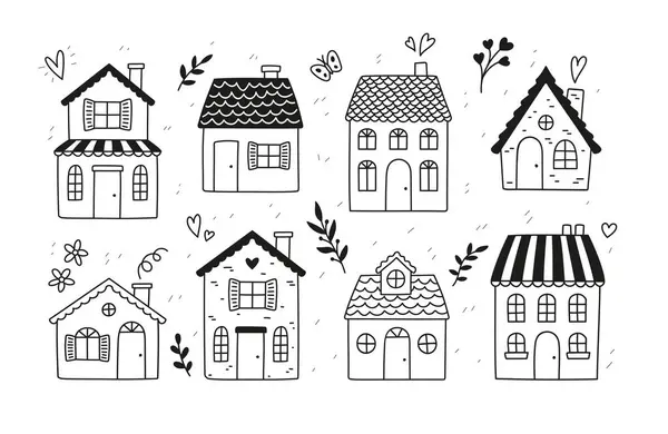 Farklı bitkilerden dalları olan küçük şirin evler. Evim güzel evim. Siyah ve beyaz vektörde izole edilmiş karalama çizimleri koleksiyonu 