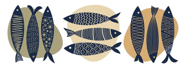 Soyut tasarımlar ve nötr renklerle balık silueti vektör çizimi deseni