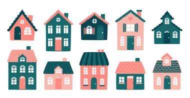 Pembe ve yeşil tonlarda el yapımı evlerin vektör koleksiyonu. Basit ve büyüleyici çizimler, posterler, çocuk içeriği, gayrimenkul reklamları veya markalaşma projeleri için mükemmel..