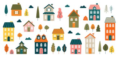 İskandinav ve çocuksu tarzda eğlenceli binalar inşa edilmiş bir vektör. Çocuk kitapları, eğitim malzemeleri, posterler, kartlar ve mevsimlik tasarımlar için. Yaratıcı projeler için tamamen düzenlenebilir.