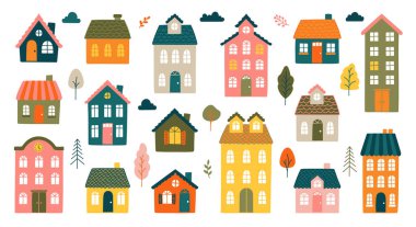 İskandinav ve çocuksu tarzda eğlenceli binalar inşa edilmiş bir vektör. Çocuk kitapları, eğitim malzemeleri, posterler, kartlar ve mevsimlik tasarımlar için. Yaratıcı projeler için tamamen düzenlenebilir.