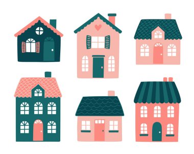 Pembe ve yeşil tonlarda el yapımı evlerin vektör koleksiyonu. Basit ve büyüleyici çizimler, posterler, çocuk içeriği, gayrimenkul reklamları veya markalaşma projeleri için mükemmel..