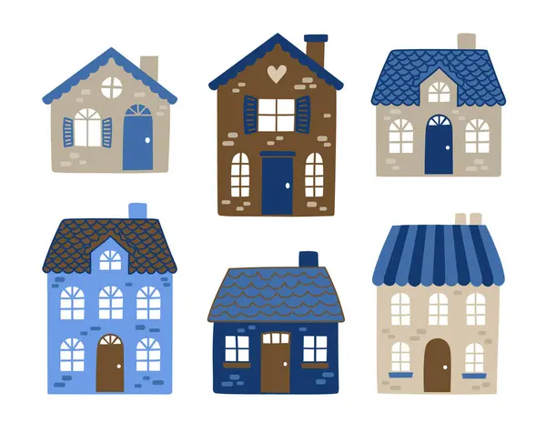 Mavi ve kahverengi tonlarında el yapımı evlerin vektör koleksiyonu. Basit ve büyüleyici çizimler, posterler, çocuk içeriği, gayrimenkul reklamları veya markalaşma projeleri için mükemmel..