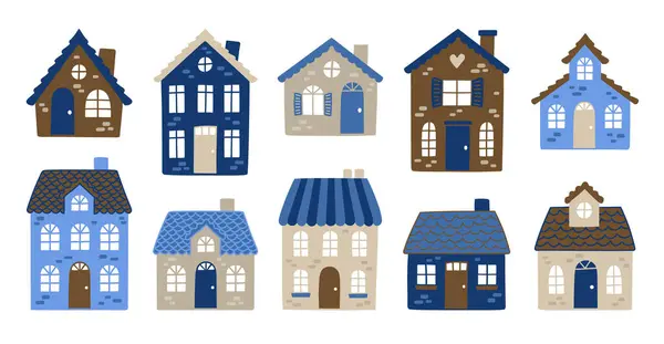 Mavi ve kahverengi tonlarında el yapımı evlerin vektör koleksiyonu. Basit ve büyüleyici çizimler, posterler, çocuk içeriği, gayrimenkul reklamları veya markalaşma projeleri için mükemmel..