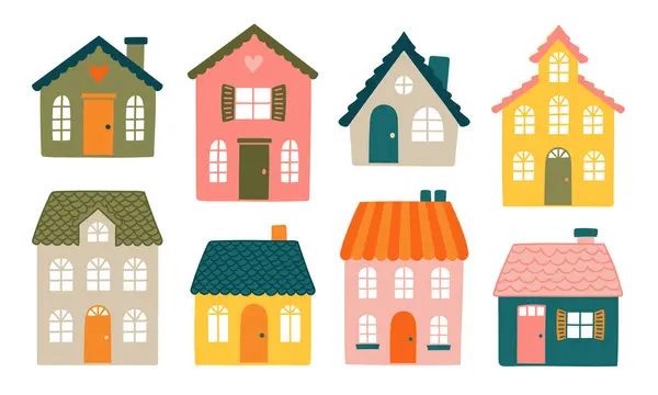 Basit ve renkli bir şekilde çizilmiş şirin ev ve binalar koleksiyonu. Kitaplar, eğitim malzemeleri, kartlar, posterler, gönderiler, simgeler ve semboller için ideal.