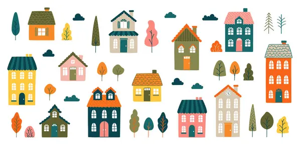 İskandinav ve çocuksu tarzda eğlenceli binalar inşa edilmiş bir vektör. Çocuk kitapları, eğitim malzemeleri, posterler, kartlar ve mevsimlik tasarımlar için. Yaratıcı projeler için tamamen düzenlenebilir.