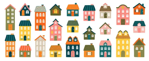 İskandinav ve çocuksu tarzda eğlenceli binalar inşa edilmiş bir vektör. Çocuk kitapları, eğitim malzemeleri, posterler, kartlar ve mevsimlik tasarımlar için. Yaratıcı projeler için tamamen düzenlenebilir.