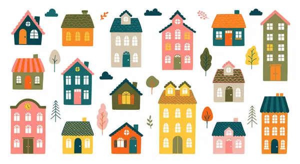 İskandinav ve çocuksu tarzda eğlenceli binalar inşa edilmiş bir vektör. Çocuk kitapları, eğitim malzemeleri, posterler, kartlar ve mevsimlik tasarımlar için. Yaratıcı projeler için tamamen düzenlenebilir.
