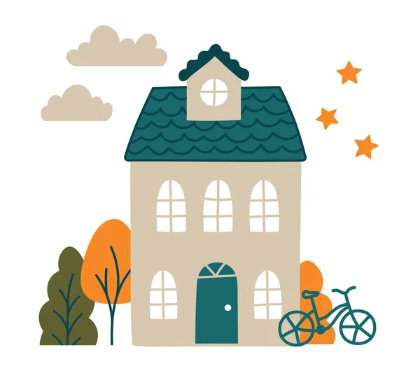 İskandinav ve çocuksu tarzda eğlenceli binalar inşa edilmiş bir vektör. Çocuk kitapları, eğitim malzemeleri, posterler, kartlar ve mevsimlik tasarımlar için. Yaratıcı projeler için tamamen düzenlenebilir.