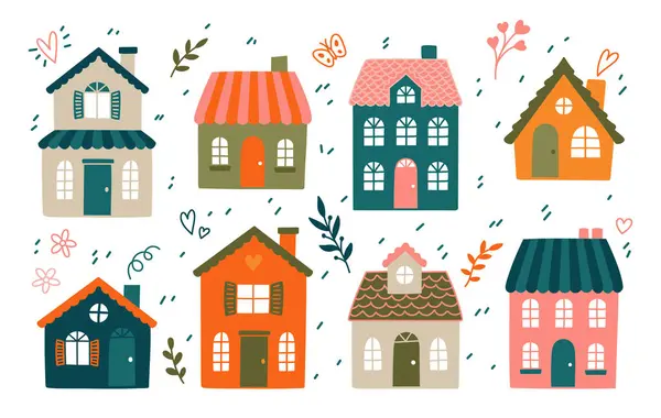 Basit ve renkli bir şekilde çizilmiş şirin ev ve binalar koleksiyonu. Kitaplar, eğitim malzemeleri, kartlar, posterler, gönderiler, simgeler ve semboller için ideal.