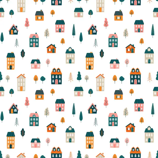 Büyüleyici evleri ve renkli ağaçları olan kusursuz bir vektör deseni. Çocuk kumaşları, duvar kağıtları, hediye paketleri ve eğlenceli arka planlar için ideal. Sıcak, el yapımı estetik..