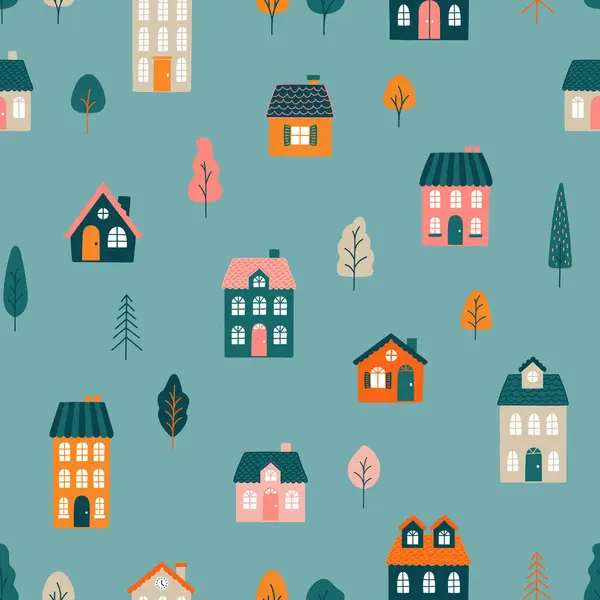Büyüleyici evleri ve renkli ağaçları olan kusursuz bir vektör deseni. Çocuk kumaşları, duvar kağıtları, hediye paketleri ve eğlenceli arka planlar için ideal. Sıcak, el yapımı estetik..