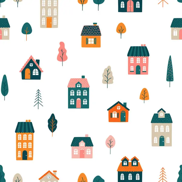 Büyüleyici evleri ve renkli ağaçları olan kusursuz bir vektör deseni. Çocuk kumaşları, duvar kağıtları, hediye paketleri ve eğlenceli arka planlar için ideal. Sıcak, el yapımı estetik..