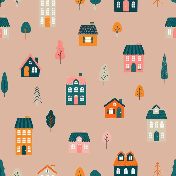 Büyüleyici evleri ve renkli ağaçları olan kusursuz bir vektör deseni. Çocuk kumaşları, duvar kağıtları, hediye paketleri ve eğlenceli arka planlar için ideal. Sıcak, el yapımı estetik..