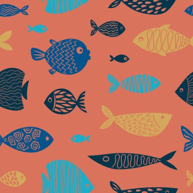 Renkli ve eğlenceli balıklarla kusursuz vektör deseni. Geometrik dokular. Duvar kağıtları, mayo ve ambalajlar için yeni ve modern bir görünüm..
