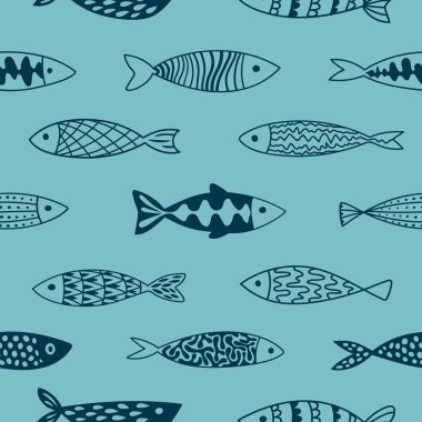 Renkli ve eğlenceli balıklarla kusursuz vektör deseni. Geometrik dokular. Duvar kağıtları, mayo ve ambalajlar için yeni ve modern bir görünüm..