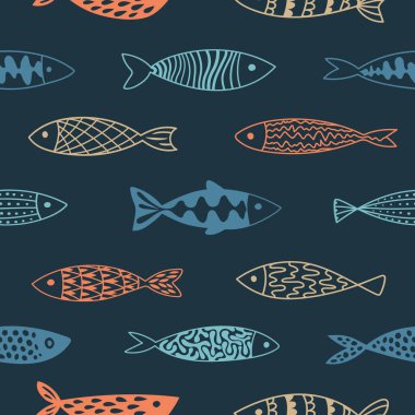 Koyu lacivert arka planda renkli balık siluetleri olan zarif, pürüzsüz bir desen. Lüks hediye paketleme, aksesuarlar, kumaşlar, menüler için mükemmel..