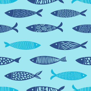 Garip ve modaya uygun tropikal balıklarla kusursuz vektör deseni. Tekstil, çocuk kıyafetleri ve plaj dekoru için mükemmel. Menüler, baskı, dekor, dekorasyon..