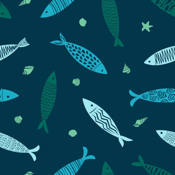 Koyu lacivert arka planda renkli balık siluetleri olan zarif, pürüzsüz bir desen. Lüks hediye paketleme, aksesuarlar, kumaşlar, menüler için mükemmel..