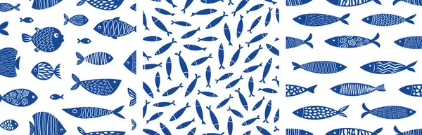 Temiz ve İskandinav esinlenilmiş kusursuz desenli beyaz üzerine lacivert tonlarda sardalyalar. Paket kağıdı, tekstil, mutfak gereçleri ve yaz markaları için ideal..