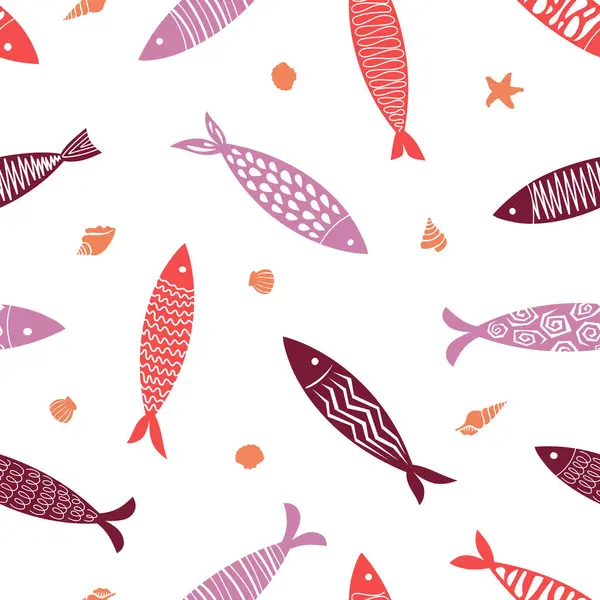 Renkli ve eğlenceli balıklarla kusursuz vektör deseni. Geometrik dokular. Duvar kağıtları, mayo ve ambalajlar için yeni ve modern bir görünüm..