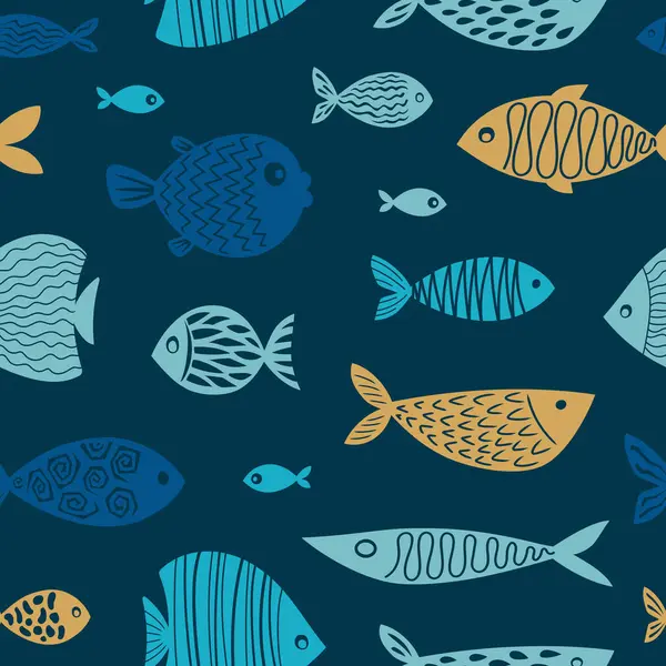 Koyu lacivert arka planda renkli balık siluetleri olan zarif, pürüzsüz bir desen. Lüks hediye paketleme, aksesuarlar, kumaşlar, menüler için mükemmel..
