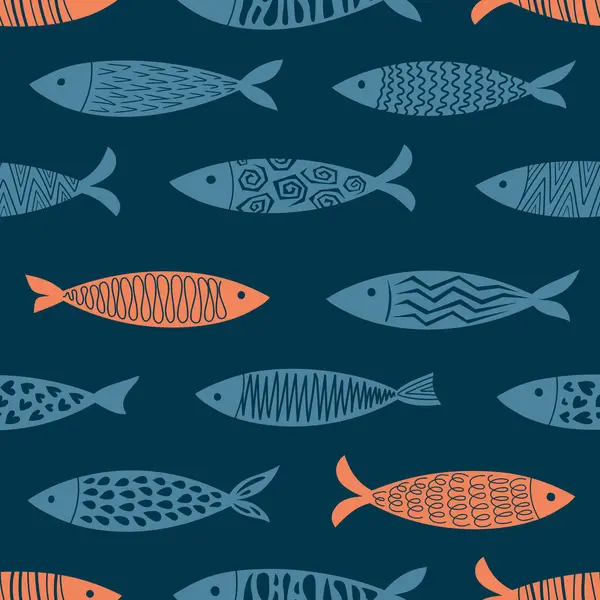 Koyu lacivert arka planda renkli balık siluetleri olan zarif, pürüzsüz bir desen. Lüks hediye paketleme, aksesuarlar, kumaşlar, menüler için mükemmel..