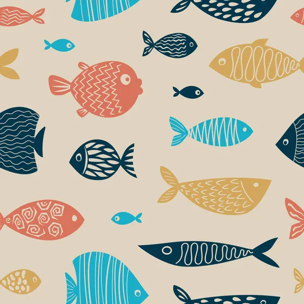 Renkli ve eğlenceli balıklarla kusursuz vektör deseni. Geometrik dokular. Duvar kağıtları, mayo ve ambalajlar için yeni ve modern bir görünüm..