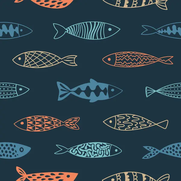 Koyu lacivert arka planda renkli balık siluetleri olan zarif, pürüzsüz bir desen. Lüks hediye paketleme, aksesuarlar, kumaşlar, menüler için mükemmel..