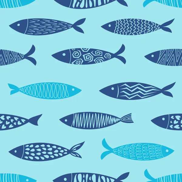 Garip ve modaya uygun tropikal balıklarla kusursuz vektör deseni. Tekstil, çocuk kıyafetleri ve plaj dekoru için mükemmel. Menüler, baskı, dekor, dekorasyon..